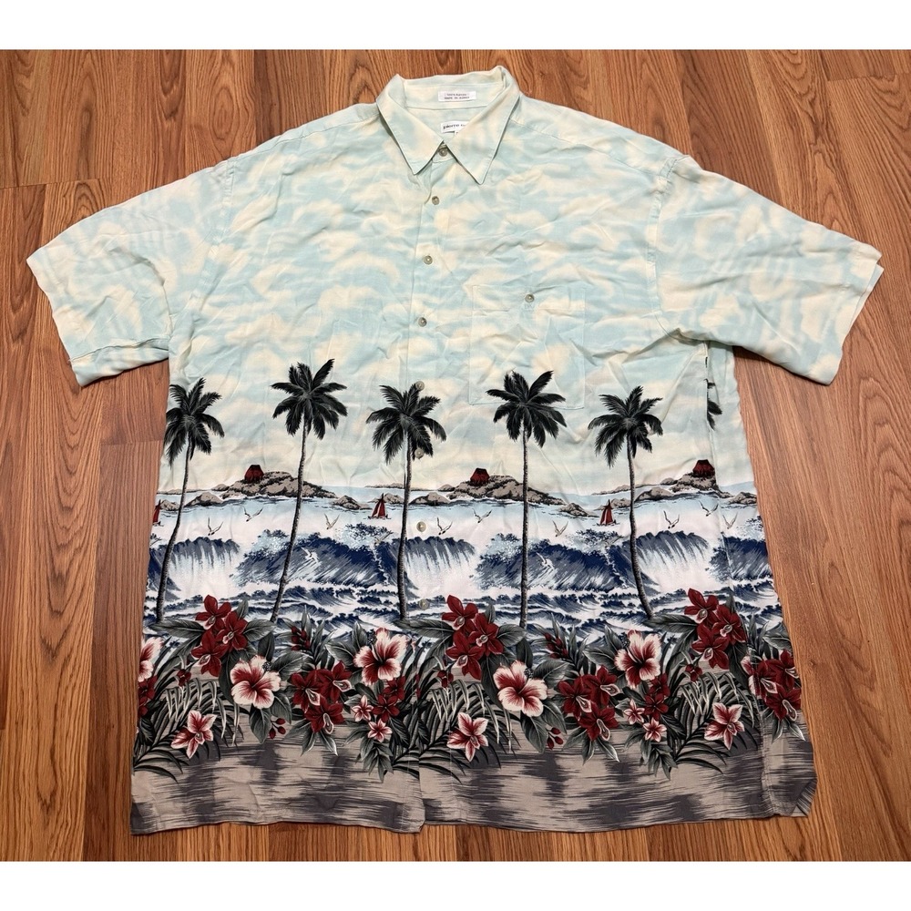 Pierre Cardin Hawaiian Shirt Mens 2XLT Rayon Tropical Beach Palm Trees Aloha
